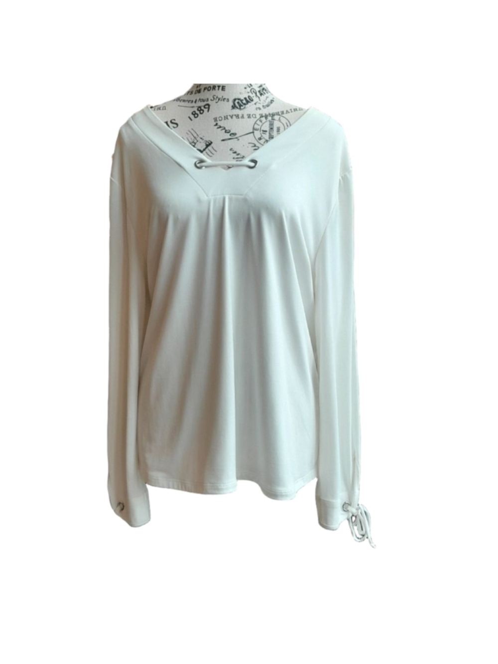 Grace Ivory V-Neck Blouse with Lace-Up Detail
